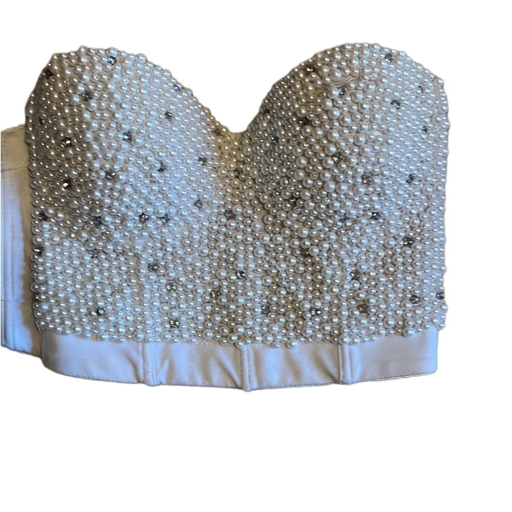 Pearl Embellished Strapless Bustier Bra - White
